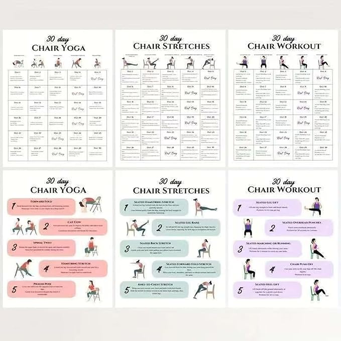 Chair Yoga Program - 30-Day Workout Set | 6-Piece Exercise Kit with Instruction Book, Ideal for Morning Routine Travel Gym Beginners Family Friends Sports Athletes Body Flexibility Strength Building
