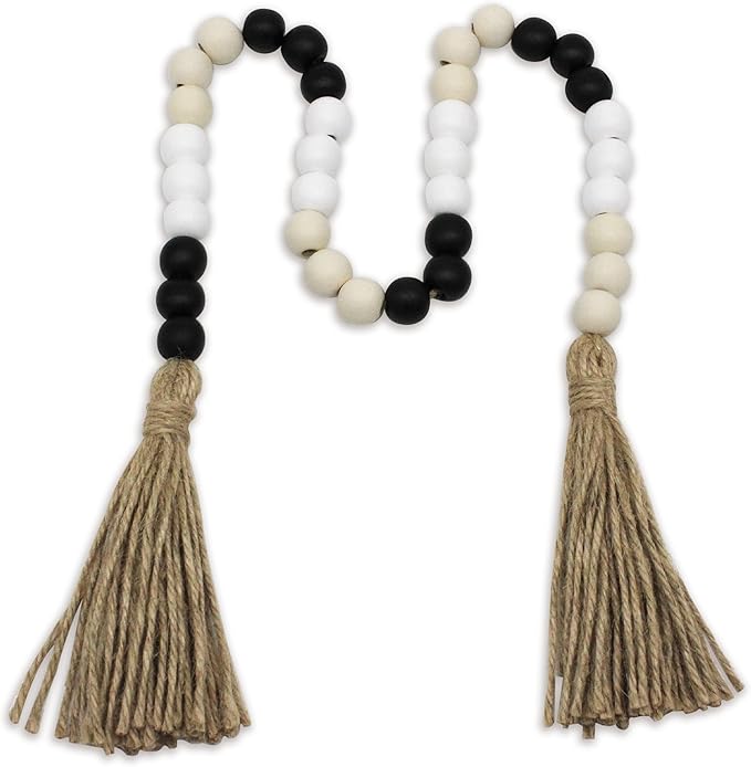 Farmhouse Decor Beads 31in Wooden Bead Garland with Tassels Rustic Minimalist Home Accent Prayer Country Boho Decoration for Wall Hanging Living Room Coffee Table Mantle Shelf Decor (MIX-Color-1)