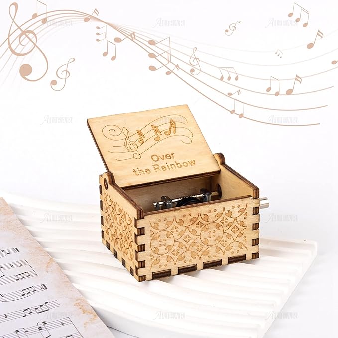 AUEAR, Over The Rainbow Wooden Music Box Hand Crank Laser Engraved Vintage Musical Small Unique Gift for Birthday Wedding Christmas Valentines Day (Style D)