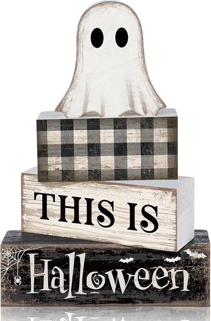 Lineshading 4 Pcs Ghost Halloween Decor Black and White Halloween Tiered Tray Decor Ghost Table Centerpiece Decorations Rustic Wooden Block Sign Gift for Home Shelf Kitchen Coffee Bar