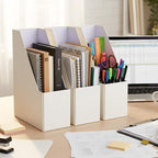 Gueevin Set of 6 Magazine File Holders, Sturdy Cardboard Desk Magazine Organizer with Gold Label Slots, Foldable File Folder Rack for Home Office Classroom Library(Beige)