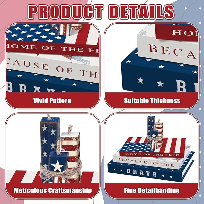 Thyle 4th of July Fake Decorative Books Wooden Firecracker Table Signs Faux Patriotic Decor Farmhouse Decoration Books for Independence Day 250th Anniversary Party Office Home Shelf Table Decor