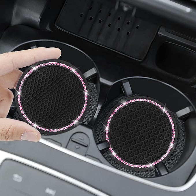 4 Pack Car Coasters, Universal Vehicle Bling Car Coaster, Cute Rhinestone Coaster for Cup Holders,Interior Accessories 2.75'' Silicone Anti Slip Car Coasters for Women (Pink Crystal Circle)