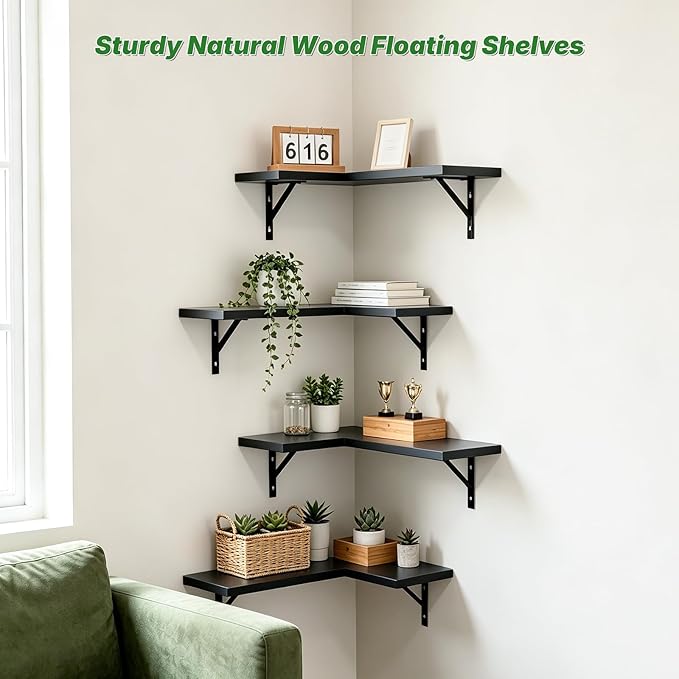 NATURE'S SOURCE Corner Floating Shelves Set of 4, Corner Shelves Wall Mounted, for Bedroom Kitchen Living Room Bathroom Office- Gothic Style (Black, Set of 4)