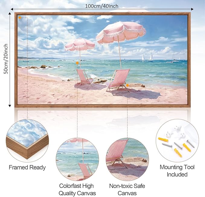KAlRNE Summer Pink Beach Framed Canvas Wall Art Set of 1(20”X40”),Seascape Coastal Surfing Wall Decor,Modern Nature Ocean Art Prints For Living Room Bedroom Office