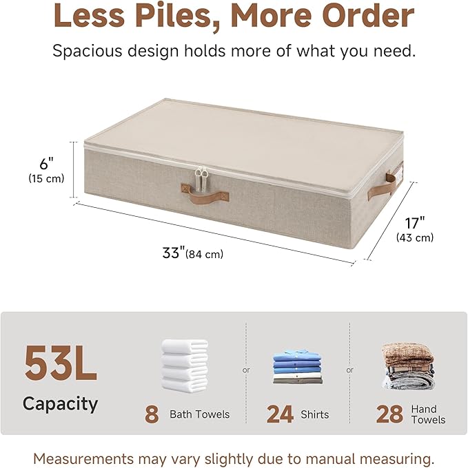 StorageWorks Underbed Storage Containers with Lids, 2-Pack 6" Low Profile Under Bed Organizers for Clothes, Bedding and Sweaters, 53L Large Fabric Storage Bins, Foldable Space Saving, Taupe