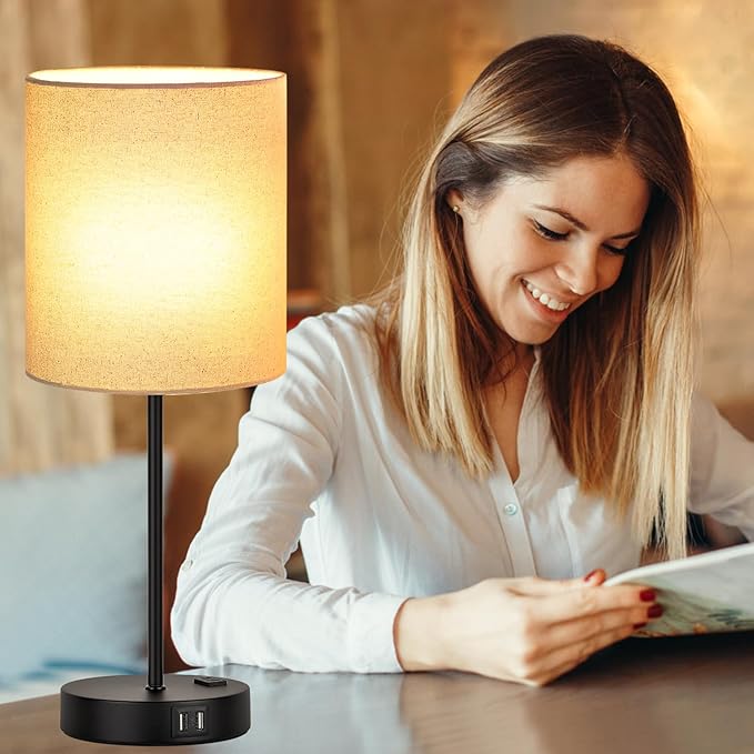 Lynnoland Set of 2 Touch Beige Table Lamps with 2 USB Ports & AC Outlet, 3-Way Dimmable Bedside Nightstand Lamps for Living Room Nursery Office Bedroom, 800 Lumens 2700K Warm Bulbs Included