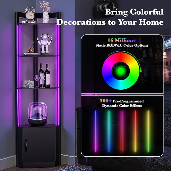 5-Tier Display Cabinet, Set of 2, 65" Tall Corner Shelf Stand with Storage, RGBWIC LED Light, Remote & APP Control, Adjustable Brightness/Color Temp, Floor Lamp Shelves for Living Room