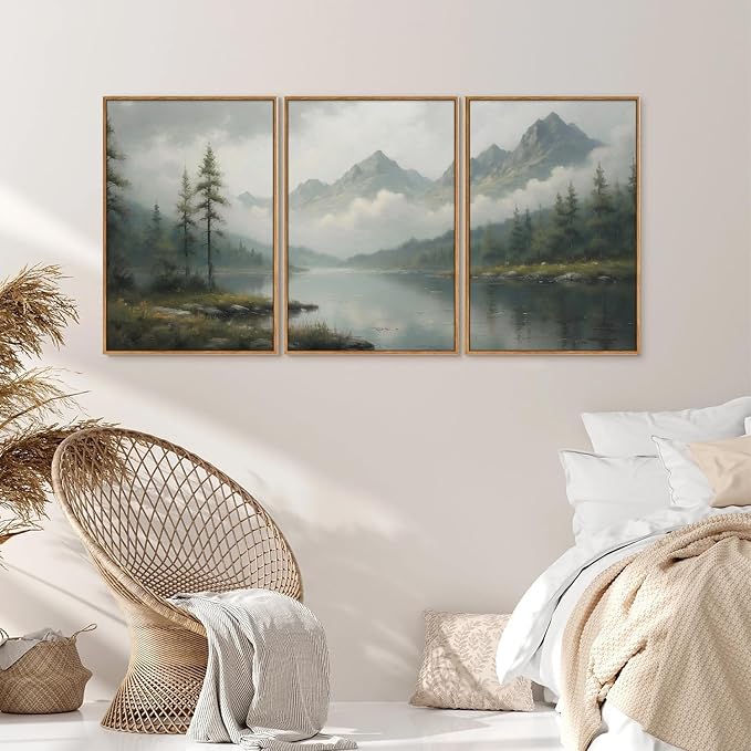 SIGNINART Large Green Forest Framed Canvas Wall Art Set, Misty Mountain Lake Wall Decor, Modern Foggy Wood Landscape Artwork, Nature Oil Painting Art Print for Living Room, Bedroom, Office 24"x36"x3