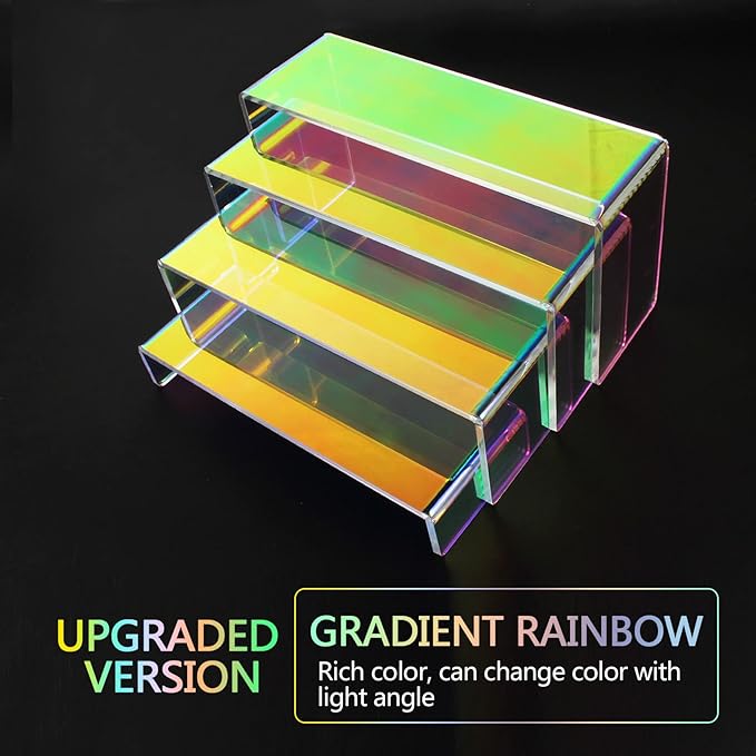 ELEGANTLIFE Acrylic Display Risers Set of 4, 4-Level Tiered Display Stands for Cupcakes, Small Figures & Jewelry, Compact Countertop Display Shelf, Multiple Colors Available (Iridescent)