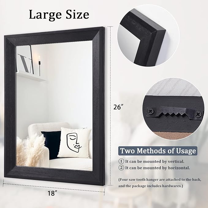 AAZZKANG Black Mirrors for Wall Rectangle Wood Framed Large 26"x18" Decorative Wall Mirror for Bedroom Bathroom Living Room Dressing Room Entryway