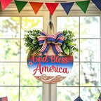 Memorial Day & 4th of July Patriotic Wreath, 12" Wooden Decor with Artificial Flowers, USA 250th Anniversary Sign for Front Door, Garden, Patios, Windows Decor (Color-Bless)