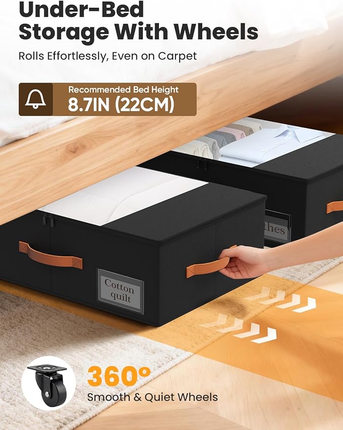 TOSKING 2-Pack Under Bed Storage Bins with Wheels and 4 Vacuum Seal Bags, Heavy Duty 80lbs Capacity,7.9"Height Clear Lid Organizer for Dorm Bedroom Clothes Shoes Toys, Quick Assembly Space Saver Black