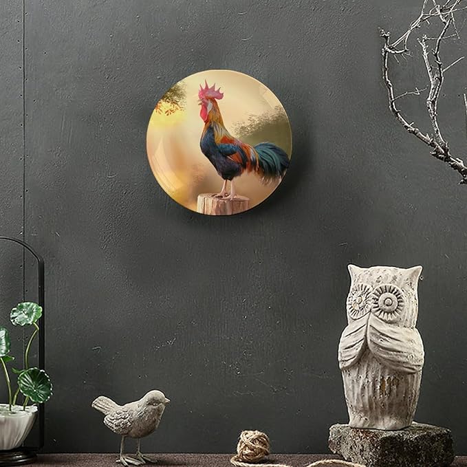 Rooster Decorative Plates, 8 Inch, Crowing Cock Round Display Plate, Handmade Ceramic Ornament, for Wall Hanging Living Room Bathroom Decor Gift