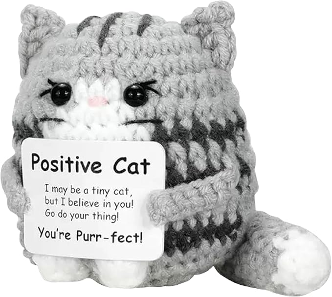 3 inch Positive Black Cat Handmade Knitted Wool Doll with Positive Card for Cheer Up Emotional Support Encouragement Friends