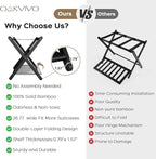 2 Pack Fully Assembled Black Luggage Racks, Bamboo 26.77" Folding Suitcase Stand for Guest Room with 5 Nylon Straps, Heavy Duty, Upgraded Luggage Rack Holder with Shelf for Bedroom Hotel