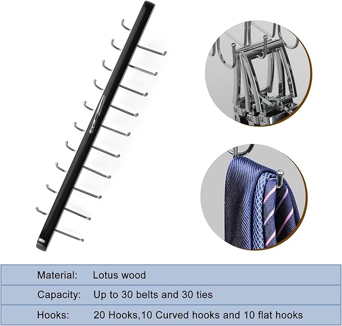 TOPIA HANGER 20 Hooks Belt Tie Hanger Space Saving for Closet, 2 IN 1 Belt Ties Racks Max 30 Belts with 30 Ties Capacity, Curved with Flat Hooks for Belts,Ties,Bras,Closet Organizers and Storage CT69B