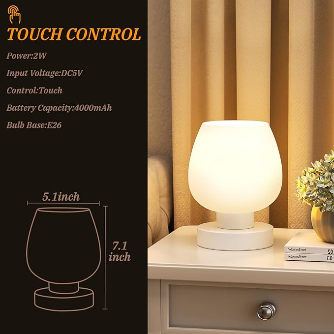 Seealle Cordless Touch Table Lamp for Nightstand - Small Bedside Lamp for Bedroom Night Stands, Desk Lamp with White Glass Shade for Small Spaces Living Room, Stepless Dimmable, LED Bulbs, Gifts