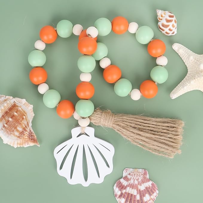 Meplait Wood Bead Garland, Coastal Tassel Garland with Shell Tag Beach Farmhouse Decor for Tiered Tray Table Centerpiece Wall Home Decoration