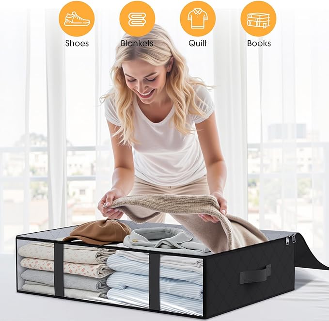 StorageRight Under Bed Storage Bags 10 Pack, 40L Large Clothes & Comforter Storage Containers with Clear Window, Breathable Fabric Organizer for Blankets, Bedding, Seasonal Clothing, Black