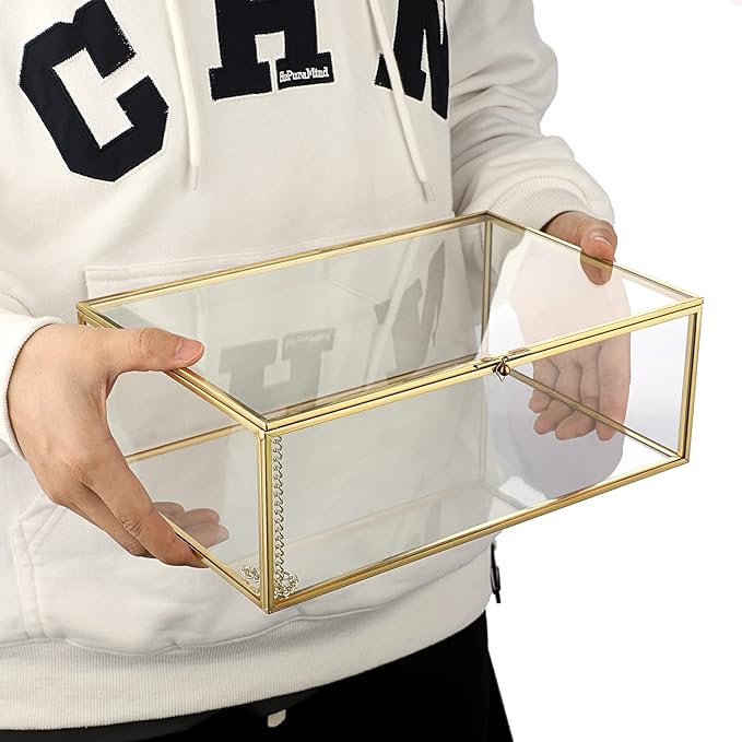 Hipiwe Vintage Glass Keepsake Box - Rectangle Jewelry Display Organizer, Vanity Lidded Home Decor Accent for Storage Trinket Rings Bracelet Rock - X-Large