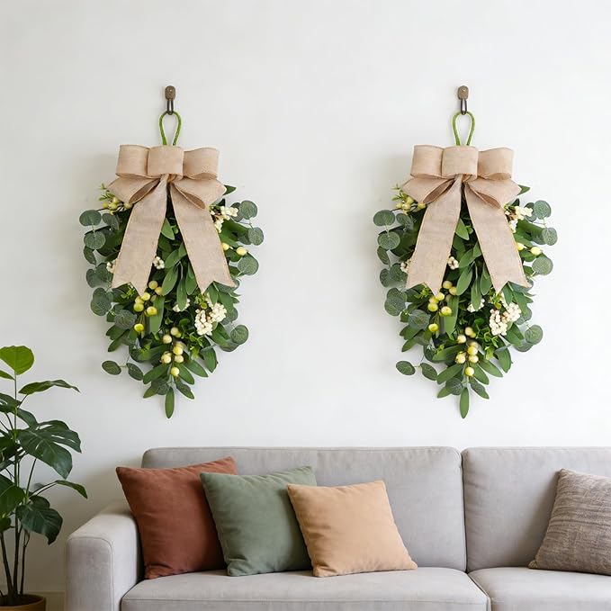 2 PCS 22" Artificial Green Eucalyptus Teardrop Swag for Front Door Greenery Swag Spring Summer Olive Kitchen Cabinet Wreath with White Berry for Farmhouse Home Porch Wall Window Festival Wedding Decor
