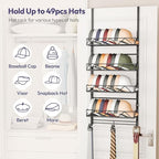 SWTYMIKI Over Door Hat Organizer - 5 Tier Wall Mounted Hat Rack with 4 Adjustable Metal Basket and 3 Hooks, Hanging Baseball Cap Organizer Storage Holds up to 49 Caps for Door, Bedroom, Closet