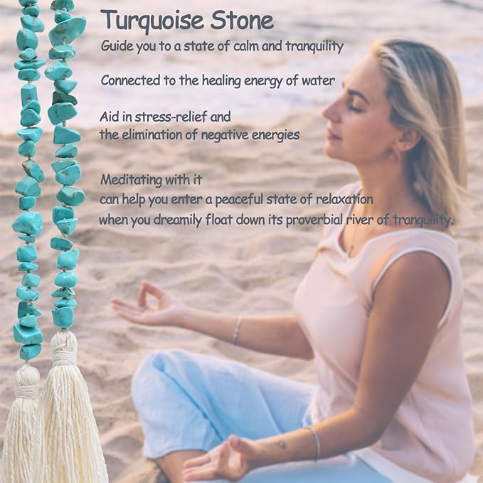 Natural Gemstone Bead Garland with Tassel,31inch Farmhouse Rustic Country Table Decor Prayer Healing Beads Boho Wall Shelf Hanging Decoration (Turquoise)