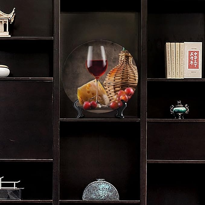 WineDecorative Ceramic Plates, 10 Inch, Cheese Grapes and Wineort Round Display Plate, Hanging Decorative Plate with Display Stand, for Kitchen Living Room Office Countertop Decor
