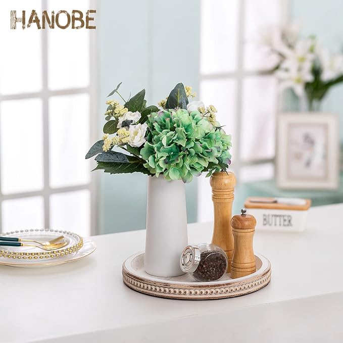 Hanobe Round Wooden Decorative Tray: White Washed Bead Tray Decor for Coffee Table Centerpiece Rustic Farmhouse Tray for Kitchen Counter Living Room Decoration