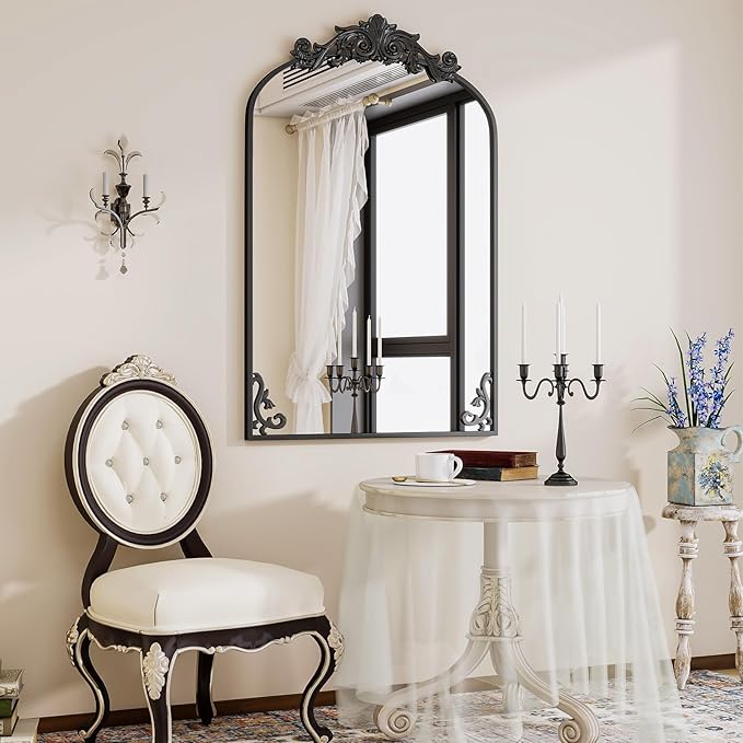 VooBang 24x36 inch Vintage Arched Bathroom Mirror - Gorgeous Wall Vanity Mirror with Beautiful Retro Top and Bottom Engraving Process Frame for Entryway Hallway Living Room, Black