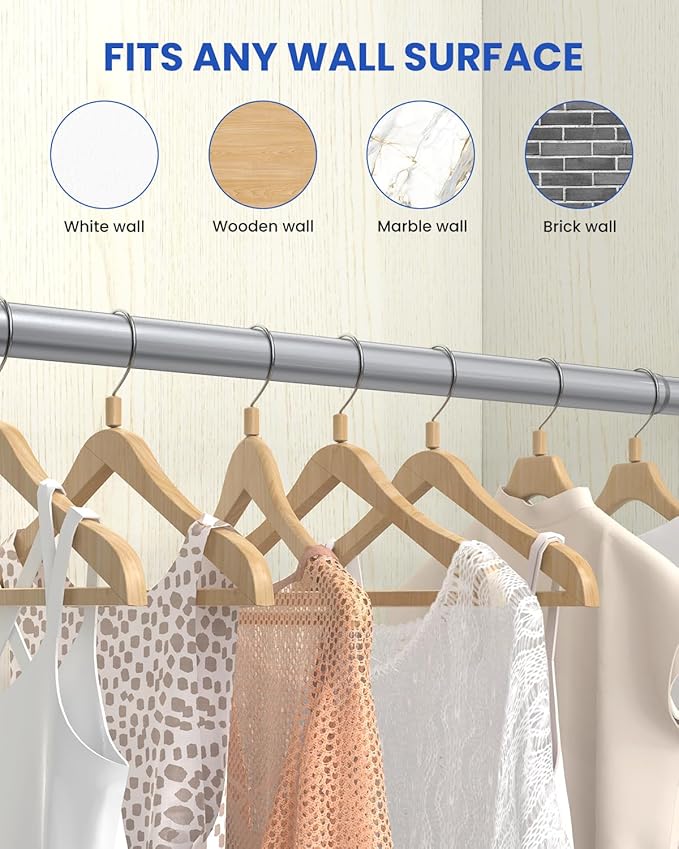 Closet Rods for Hanging Clothes, 17 to 99 Inches Stepless Adjustable Metal Closet Rod, 1.3 Inches Heavy Duty Clothes Hanging Rod for Closet Wardrobes Laundry RV, Silver