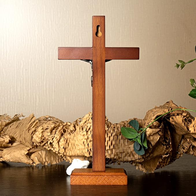 KUXBET Standing Crucifix Cross with Detachable Stand 10.6 Inch Catholic Wooden Jesus Christ Wall Hanging Cross for Home Decor - Antique Gold (10.6" L x 5.2" W)