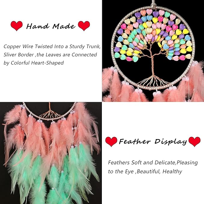 Pretty Jolly Macaroon Candy Tree of Life Dream Catcher Wall Decor with Healing Crystal Stone Handmade Feather Dream Catchers Decoration Wall Hanging Bedroom Living Room Wedding Party Home Decor-25.6"