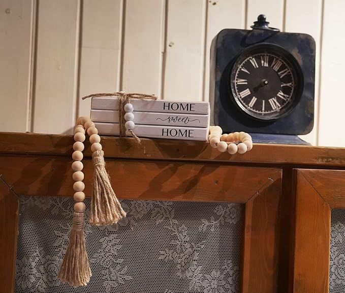 3 Pieces Wooden Decorative White Books, Rustic Farmhouse Faux Books for Coffee Table Shelves with Wood Bead Tassels and Leaves, 7'x 4.6'x 2.5' (Home, Sweet, Home)