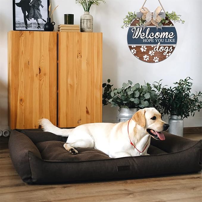 FWIEXA Funny 3D Welcome Hope You Like Dog Door Sign Plaque (12"x12"), Welcome Wreath Front Door Hanger with Dogs Footprints Bones, Cute Dog Lovers Gift