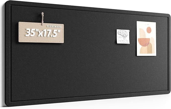 Fluxynara Bulletin Board, 35" x 17.5" Cork Board Alternative with 12 Safe Removable Adhesive Tabs, Foldable Felt Pin Board for Home Office, Classroom, Bedroom,Entryway for Walls—Black