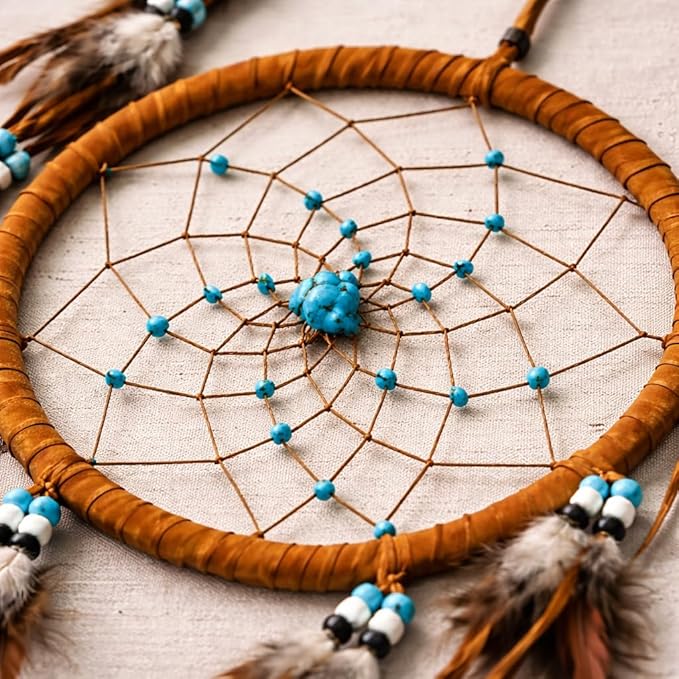 OMA Large Dream Catcher – Brown Suede with Turquoise Stones and Feathers, Traditional Dreamcatcher for Bedroom, Living Room, Dorms & Gift, Size - 28” x 9”