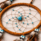 OMA Large Dream Catcher – Brown Suede with Turquoise Stones and Feathers, Traditional Dreamcatcher for Bedroom, Living Room, Dorms & Gift, Size - 28” x 9”