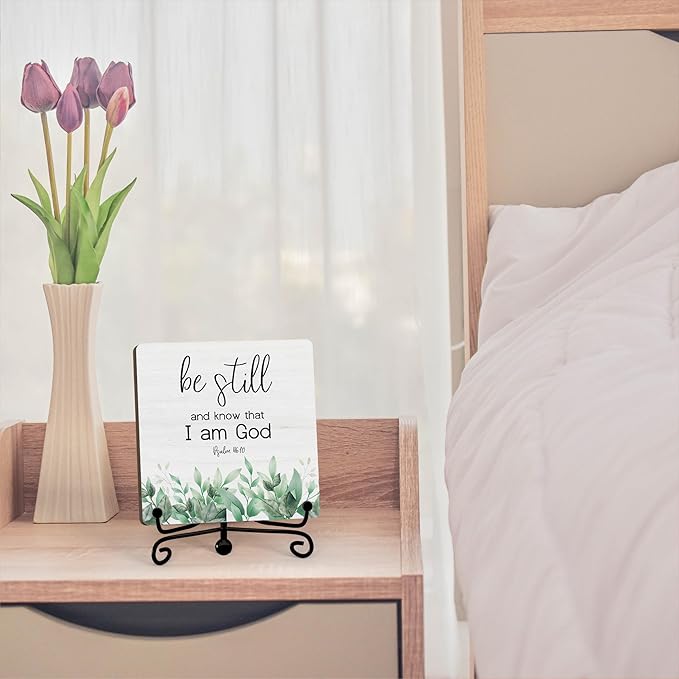 Inspirational Christian Desk Decor, Be Still And Know That I Am God Eucalyptus Sign, Desk Decorations For Office Home Living Room Bathroom, Eucalyptus Shelf Decor, Wooden Plaque With Stand (09)