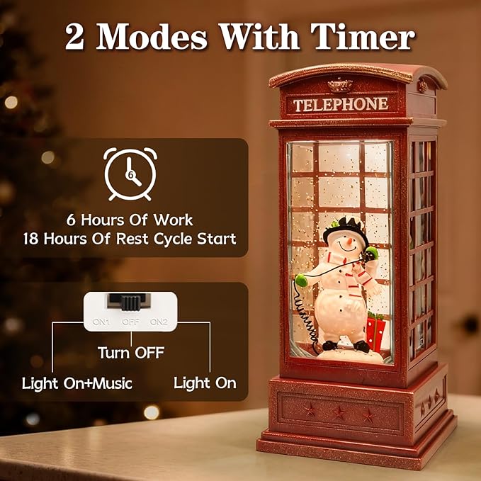 Large Snow Globes, Snowman Christmas Lantern,Glitter Vintage Phone Booth, 8 Songs, 6H Timer Battery & USB Powered, Music Box for Christmas Table Decorations