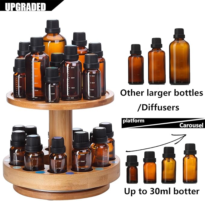 TJ.MOREE Bamboo Diffuser Holder Carousel- 2 Tier Height Increase Rack with Upper Tray for Holding Diffuser, for 5ml, 10ml, 15ml, 20ml Essential Oils Bottles