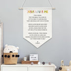 Jesus Loves Me Canvas Wall Hanging Banner for Kids,Christian Bible Verse Poster with Wood Rod, Nursery Sunday School Decor, Religious Gift for Baby or Toddler, 11x16 Inch (KD11)
