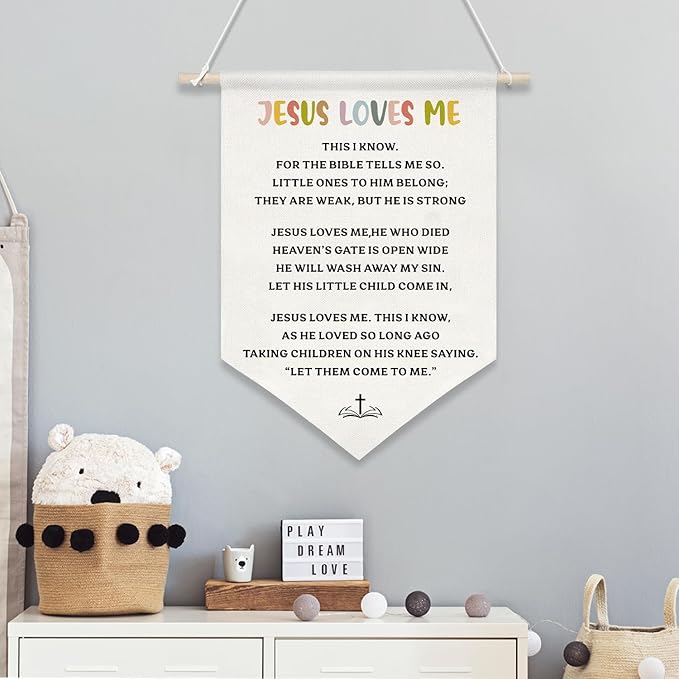 Jesus Loves Me Canvas Wall Hanging Banner for Kids,Christian Bible Verse Poster with Wood Rod, Nursery Sunday School Decor, Religious Gift for Baby or Toddler, 11x16 Inch (KD11)