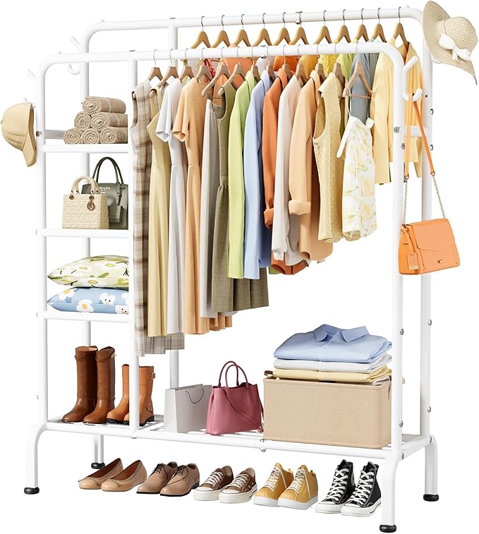Clothes Rack - Double-Rod Clothing Rack with Built-In Hooks & Shelves, Multi-Functional Wardrobe Closet for Bedroom, Living Room, Entryway, 41.3" x 15.3" x 59.8", White