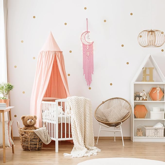 ANORYE Boho Macrame Woven Wall Hanging for Girl, Crochet Crescent Moon Star Dream Catcher with Light, Pink Cotton Handmade Bohemian Home Decor Decoration for Kids Nursery Bedroom Dorm Room