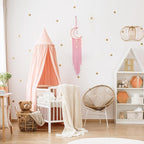 ANORYE Boho Macrame Woven Wall Hanging for Girl, Crochet Crescent Moon Star Dream Catcher with Light, Pink Cotton Handmade Bohemian Home Decor Decoration for Kids Nursery Bedroom Dorm Room