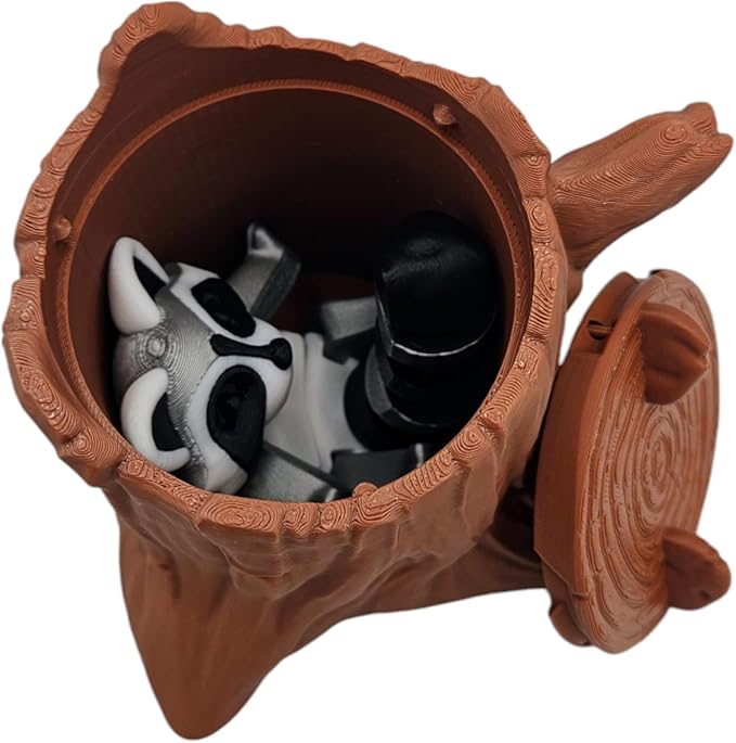Articulating Animals Raccoon, Fox, Panda, Skunk, Possum with Containers - 3D Printed Articulated Joints ADHD, Autism, Relief Anxiety, Collectible Figurines (Raccoon Tree Stump)