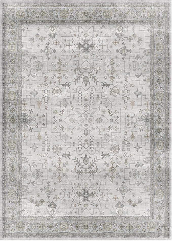 Lessymo Bedroom Rug 5x7 Area Rug for Living Room, Soft Non Slip Washable Rug for Dinning Nursery Farmhouse Office, Boho Carpet Kids & Pets Friendly, Vintage Floral Neutral Decor, Taupe Grey