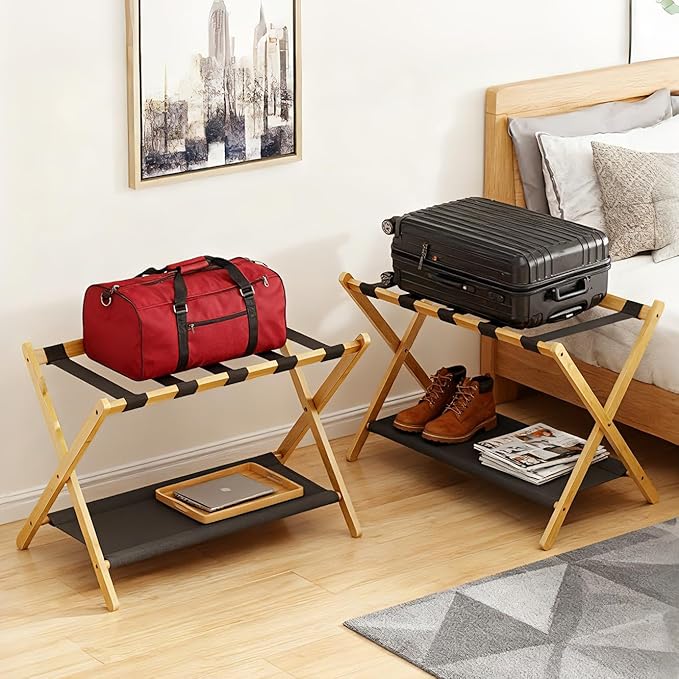 Bamboo Luggage Rack for Guest Room, 26.77" Folding Wide Suitcase Stand with Fabric Storage Shelf, Thickened Luggage Stand Holder for Bedroom Hotel, Luggage Rack for Suitcases (1 Pack - Natural)